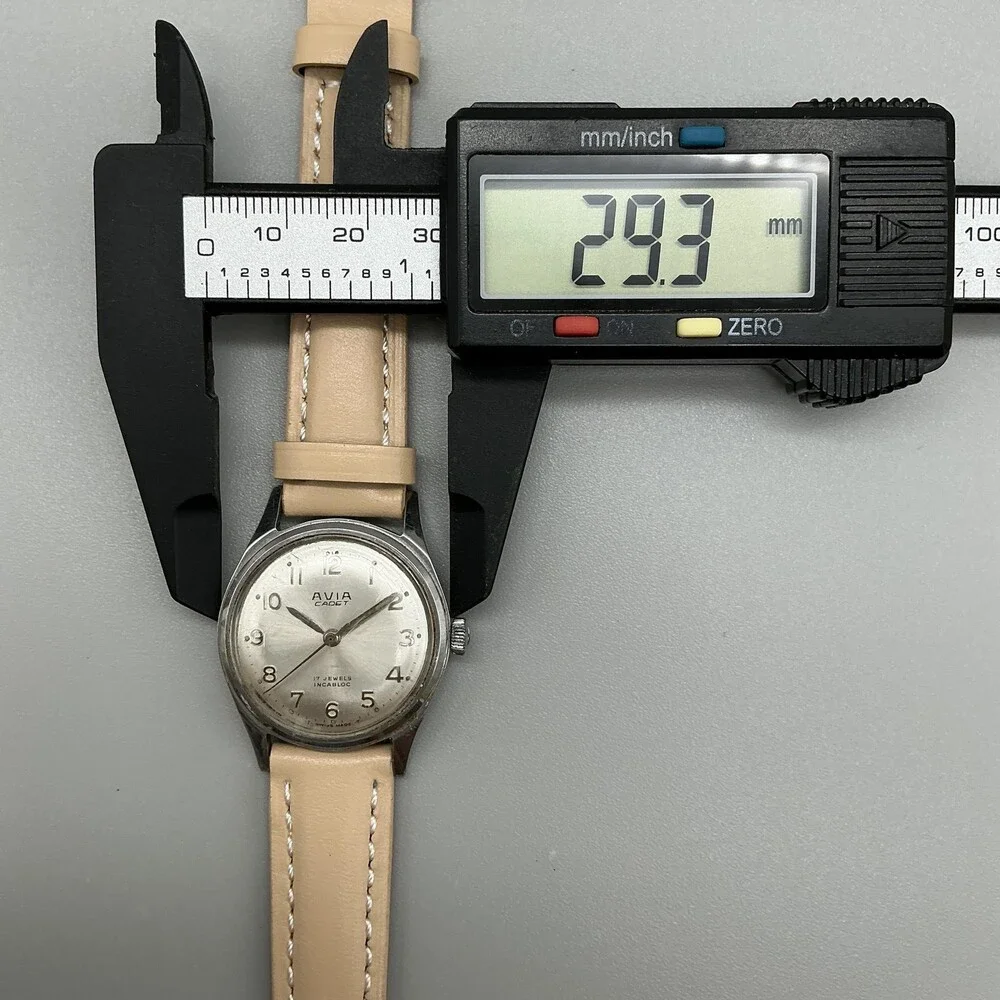 Vintage Avia Cadet Mens Watch 29mm Silver Tone Beige Leather Manual Wind